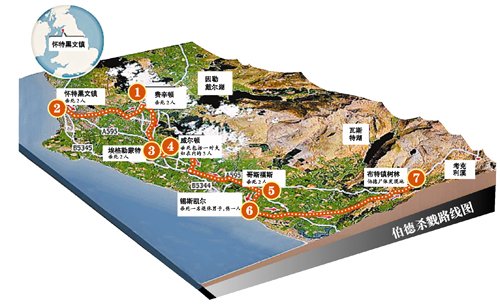 槍殺案示意圖，槍手在若干個(gè)地方向不同的人開(kāi)槍
