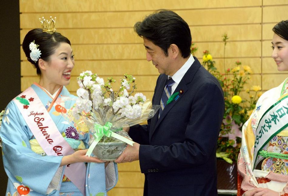 安倍接見(jiàn)日本櫻花女王、綠色女神